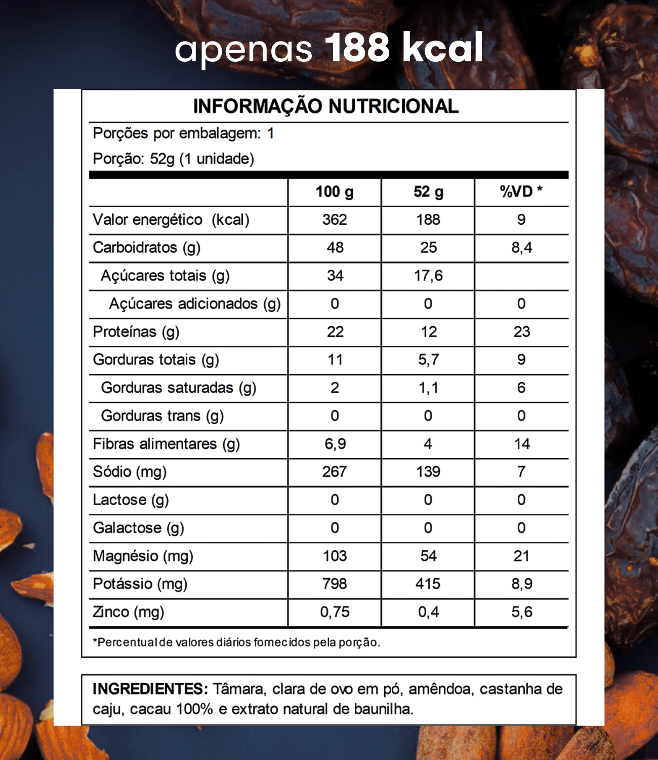 Barra de Proteína Natural – Amêndoa e Castanha - 12 unidades